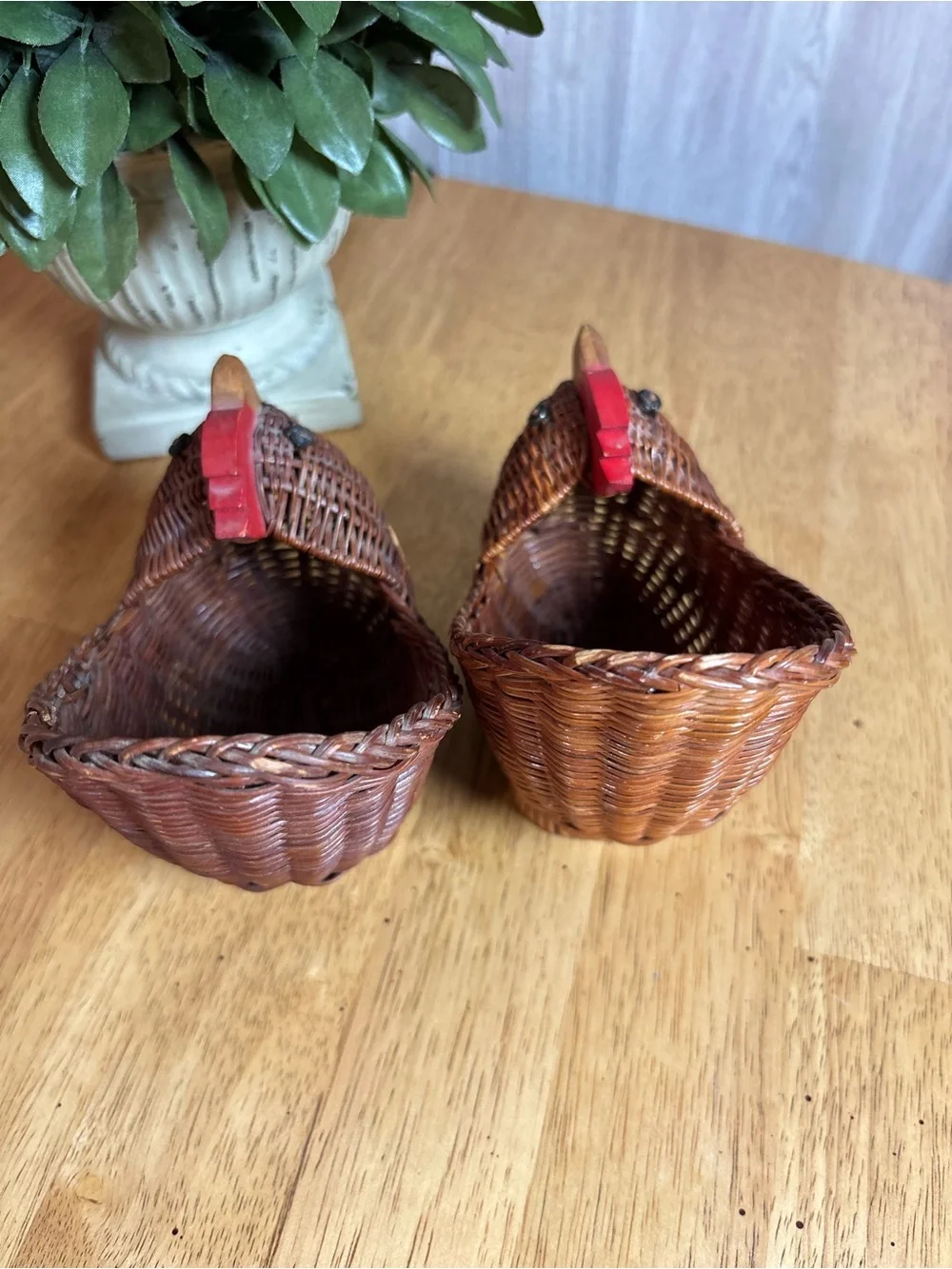 Vintage Pair of Mini Woven Wicker Chicken Baskets with Red Wooden Combs